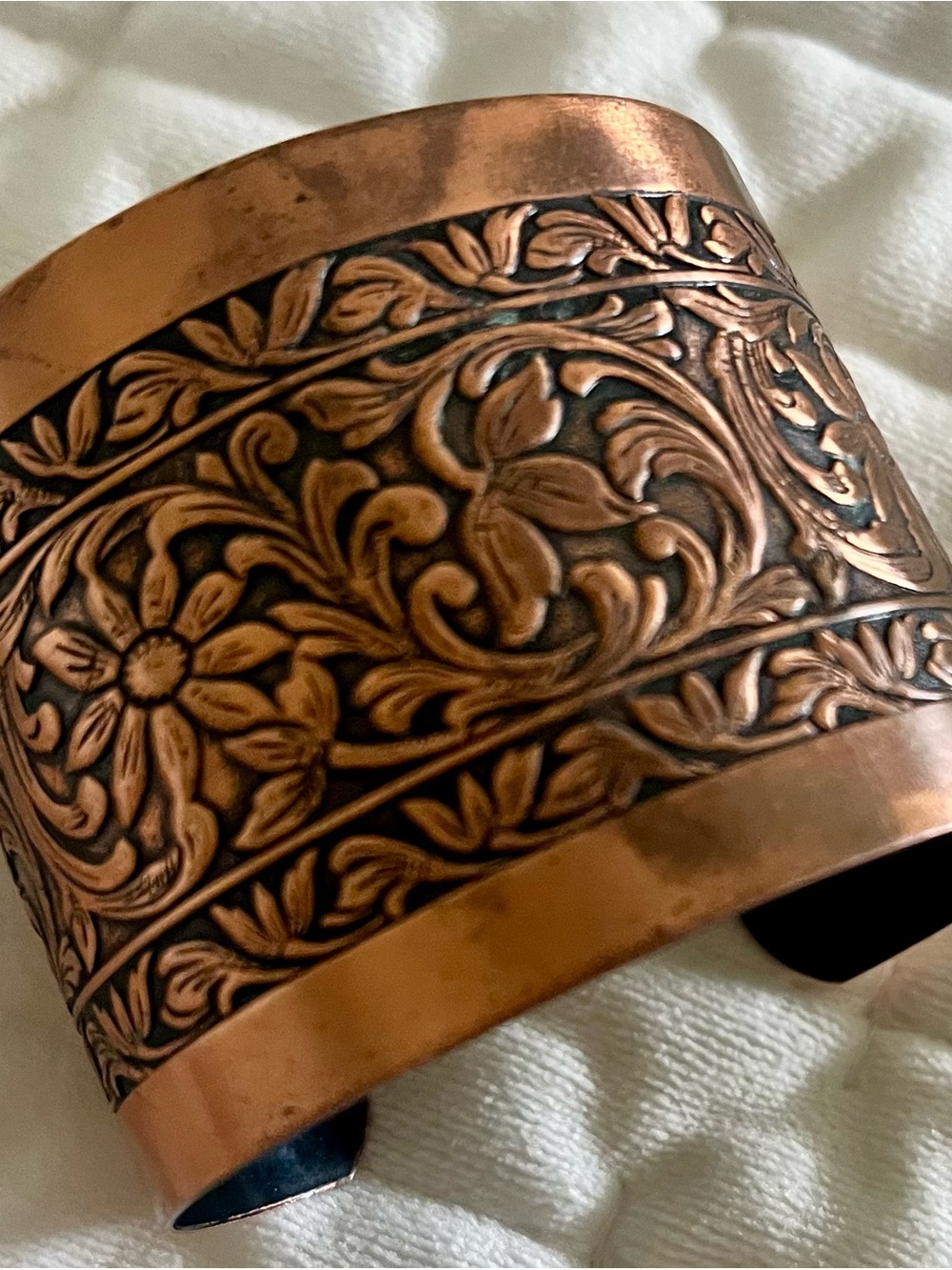 Wide Solid 100% Copper Engraved Floral Cuff Bracelet | Vintage Boho Artisan - Picture 8 of 9